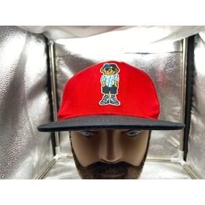 OG Hustle Snapback Hat Kids OS Red Black Bear Graphic Flat Brim Baseball Cap
